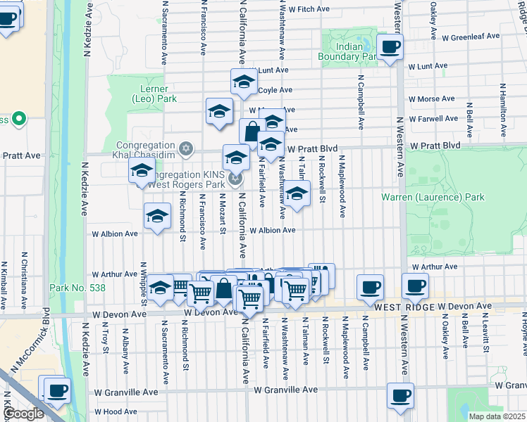 map of restaurants, bars, coffee shops, grocery stores, and more near 6608 North Fairfield Avenue in Chicago