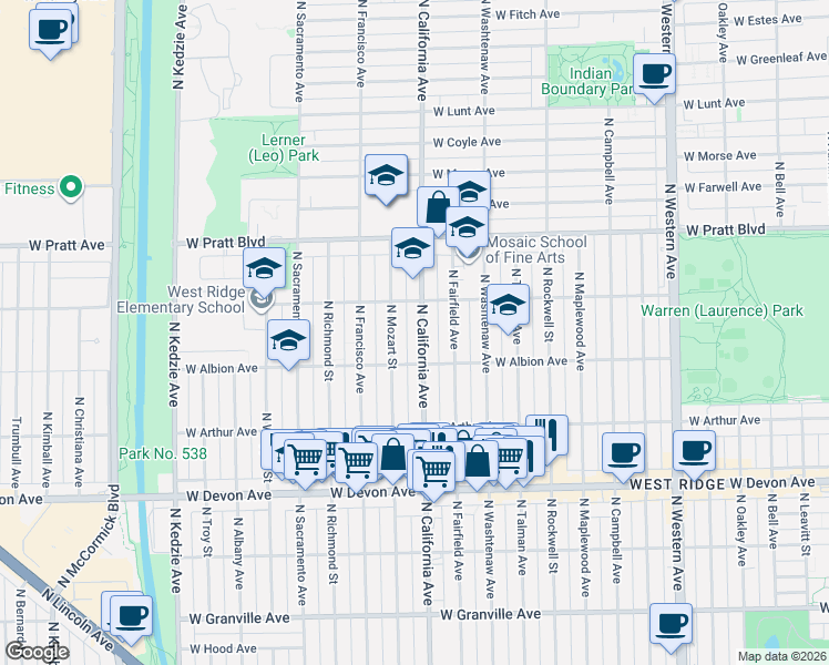 map of restaurants, bars, coffee shops, grocery stores, and more near 6611 North Mozart Street in Chicago