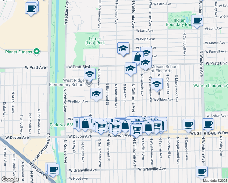 map of restaurants, bars, coffee shops, grocery stores, and more near 6611 North Francisco Avenue in Chicago