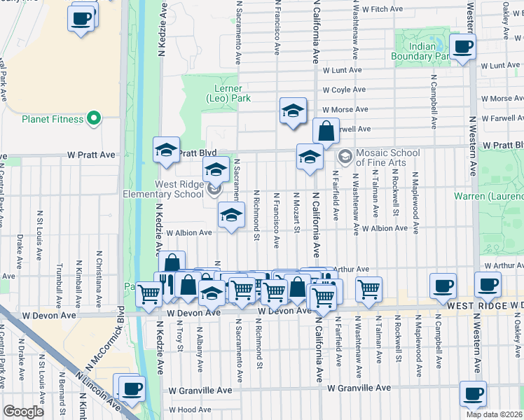 map of restaurants, bars, coffee shops, grocery stores, and more near 6608 North Richmond Street in Chicago