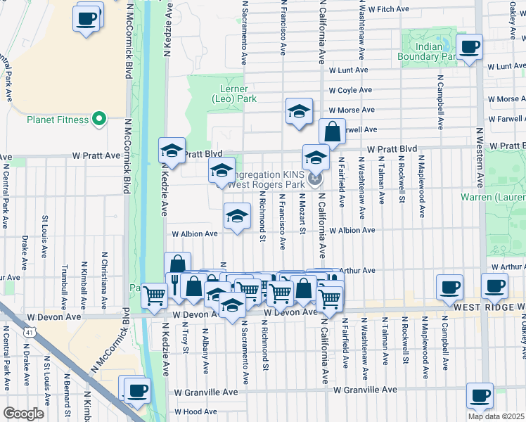 map of restaurants, bars, coffee shops, grocery stores, and more near 6608 North Richmond Street in Chicago