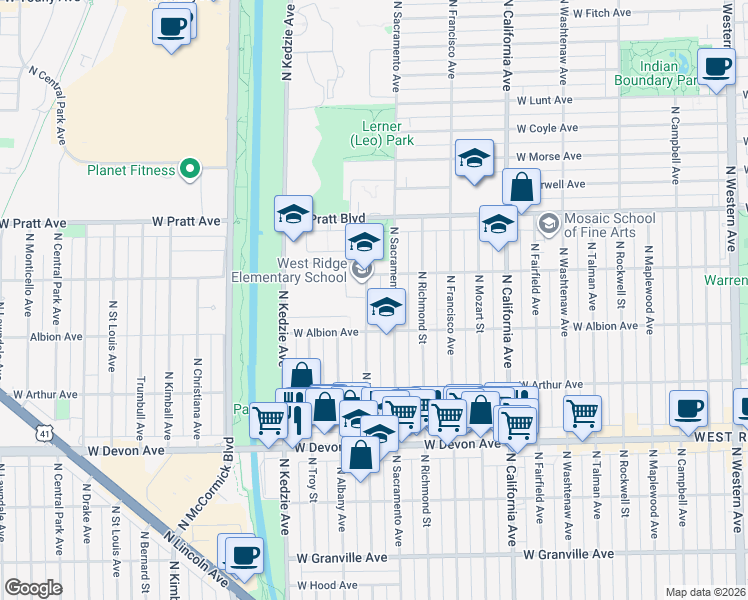 map of restaurants, bars, coffee shops, grocery stores, and more near 6610 North Sacramento Avenue in Chicago