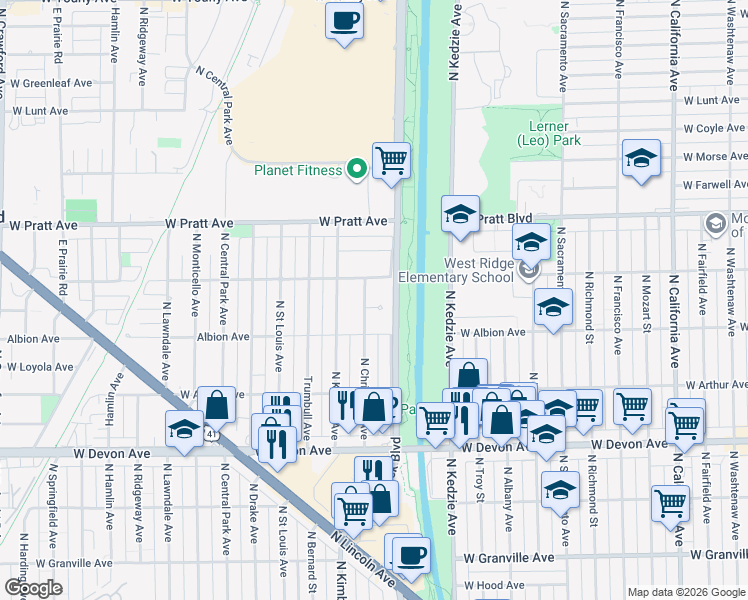 map of restaurants, bars, coffee shops, grocery stores, and more near 3315 West Rance Terrace in Lincolnwood