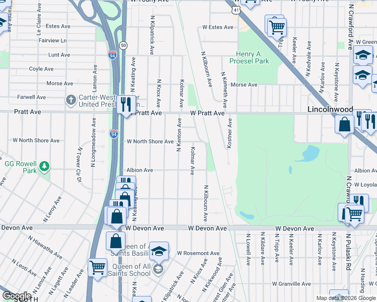 map of restaurants, bars, coffee shops, grocery stores, and more near 6620 Kolmar Avenue in Lincolnwood