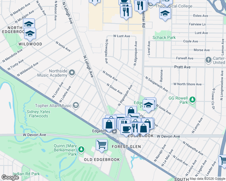 map of restaurants, bars, coffee shops, grocery stores, and more near 6644 North Hiawatha Avenue in Chicago