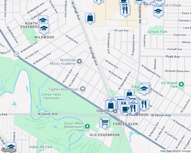 map of restaurants, bars, coffee shops, grocery stores, and more near 6623 North Chicora Avenue in Chicago