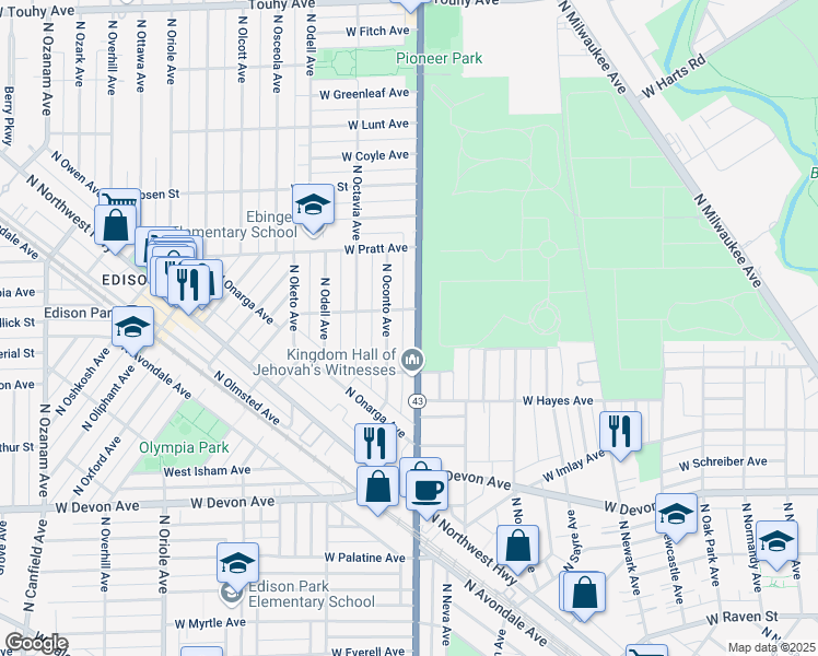 map of restaurants, bars, coffee shops, grocery stores, and more near 6620 North Harlem Avenue in Chicago