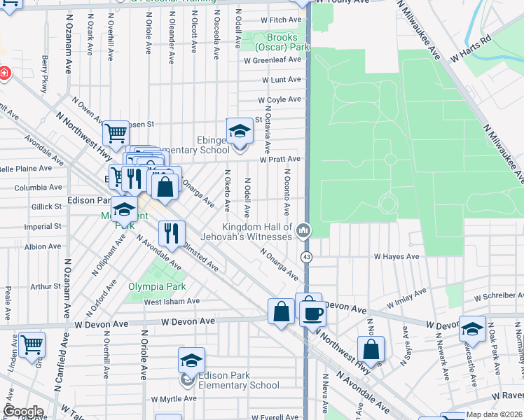 map of restaurants, bars, coffee shops, grocery stores, and more near 6627 North Odell Avenue in Chicago