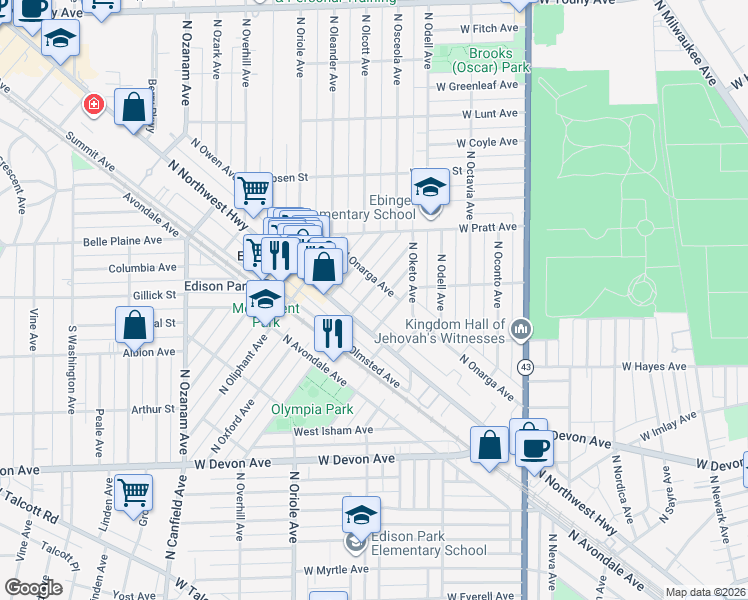 map of restaurants, bars, coffee shops, grocery stores, and more near 663 North Ogallah Avenue in Chicago