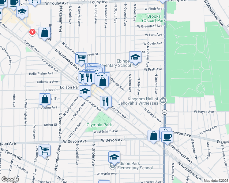 map of restaurants, bars, coffee shops, grocery stores, and more near 6650 North Northwest Highway in Chicago