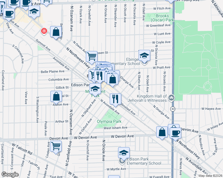 map of restaurants, bars, coffee shops, grocery stores, and more near 6669 North Olmsted Avenue in Chicago