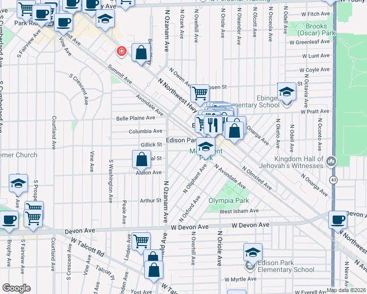 map of restaurants, bars, coffee shops, grocery stores, and more near 6640 North Ottawa Avenue in Chicago