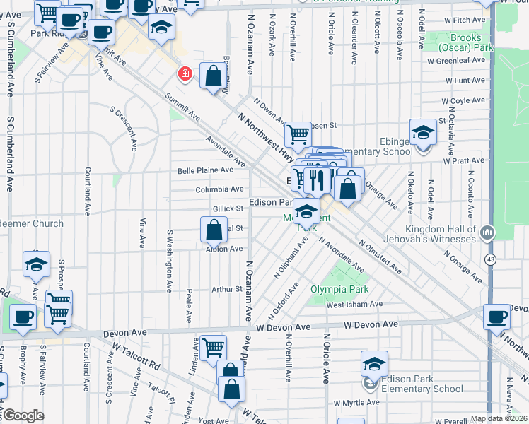 map of restaurants, bars, coffee shops, grocery stores, and more near 6640 North Ottawa Avenue in Chicago