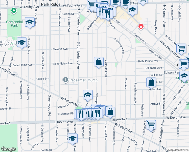 map of restaurants, bars, coffee shops, grocery stores, and more near 801 South Prospect Avenue in Park Ridge