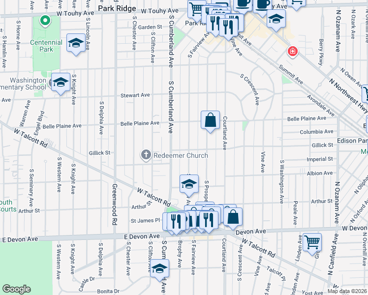 map of restaurants, bars, coffee shops, grocery stores, and more near 801 South Cumberland Avenue in Park Ridge