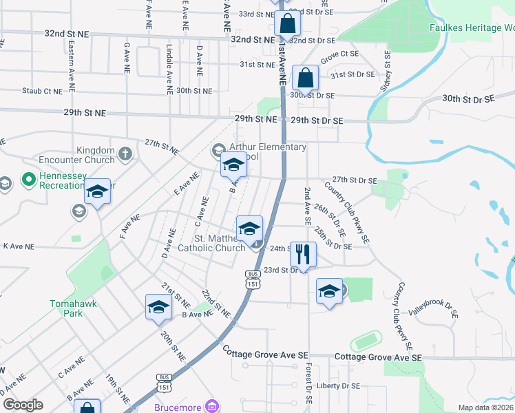 map of restaurants, bars, coffee shops, grocery stores, and more near 2428 1st Avenue Southeast in Cedar Rapids