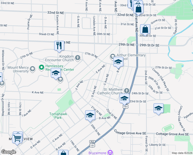 map of restaurants, bars, coffee shops, grocery stores, and more near 417 24th Street Northeast in Cedar Rapids