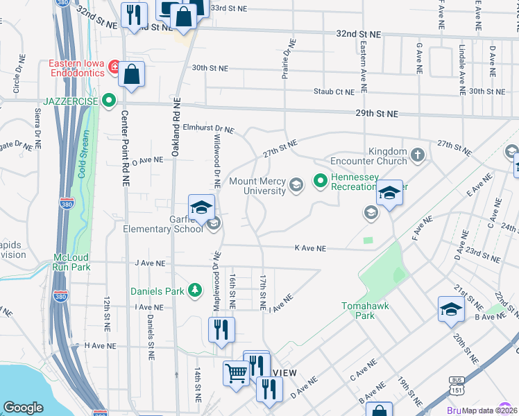 map of restaurants, bars, coffee shops, grocery stores, and more near 1241 Hazel Drive Northeast in Cedar Rapids