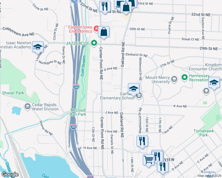 map of restaurants, bars, coffee shops, grocery stores, and more near 1317 L Avenue Northeast in Cedar Rapids