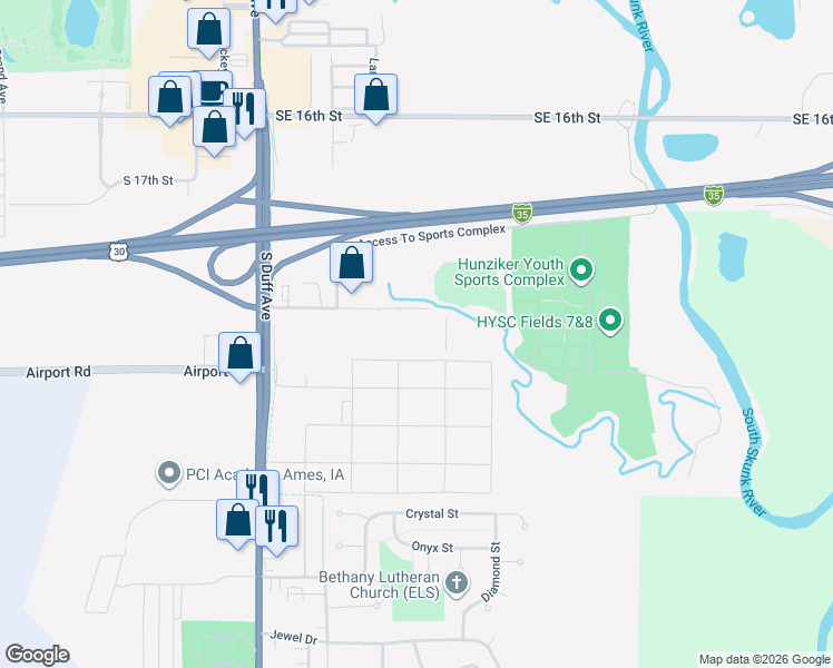 map of restaurants, bars, coffee shops, grocery stores, and more near 528 Billy Sunday Road in Ames