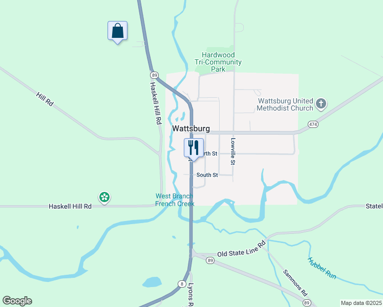 map of restaurants, bars, coffee shops, grocery stores, and more near State Highway 8 in Wattsburg