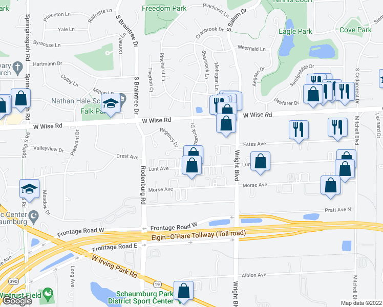 map of restaurants, bars, coffee shops, grocery stores, and more near 1 Lunt Avenue in Schaumburg