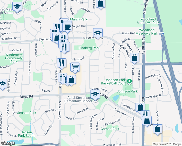 map of restaurants, bars, coffee shops, grocery stores, and more near 1100 West Glenn Trail in Elk Grove Village