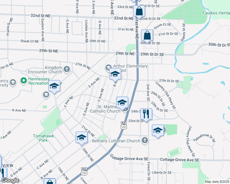 map of restaurants, bars, coffee shops, grocery stores, and more near 2417 B Avenue Northeast in Cedar Rapids