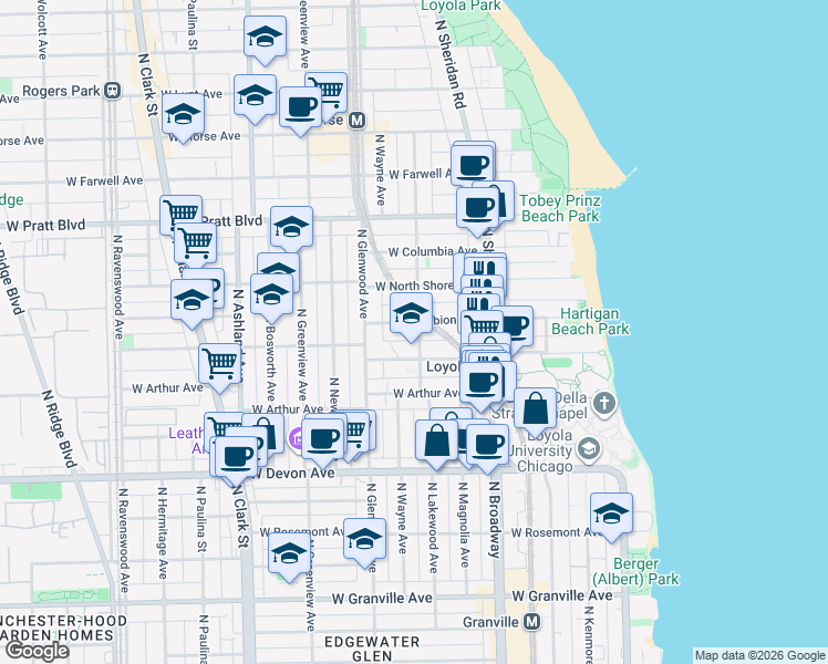 map of restaurants, bars, coffee shops, grocery stores, and more near 1320 West Loyola Avenue in Chicago