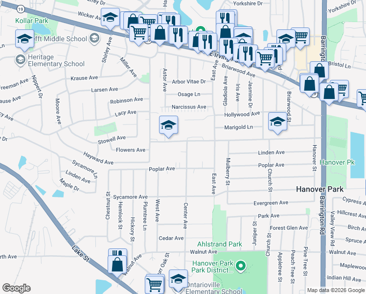 map of restaurants, bars, coffee shops, grocery stores, and more near 7105 Center Avenue in Hanover Park