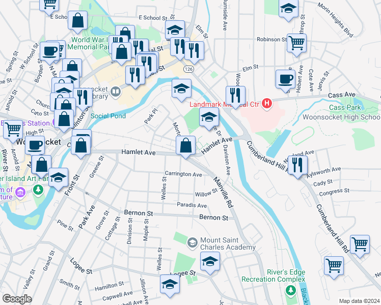 map of restaurants, bars, coffee shops, grocery stores, and more near 75 Manville Road in Woonsocket