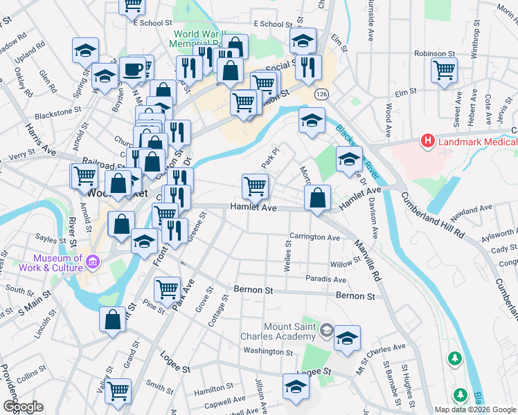 map of restaurants, bars, coffee shops, grocery stores, and more near 42 Grove Street in Woonsocket