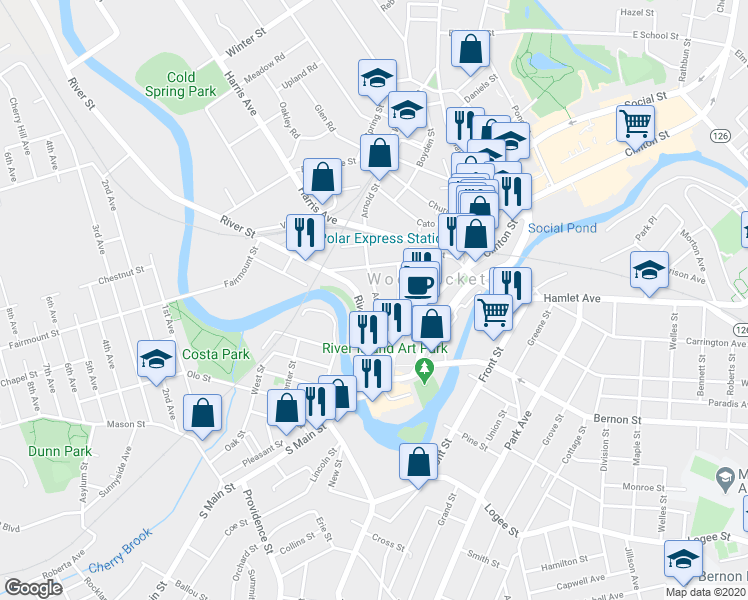 map of restaurants, bars, coffee shops, grocery stores, and more near 100 Arnold Street in Woonsocket
