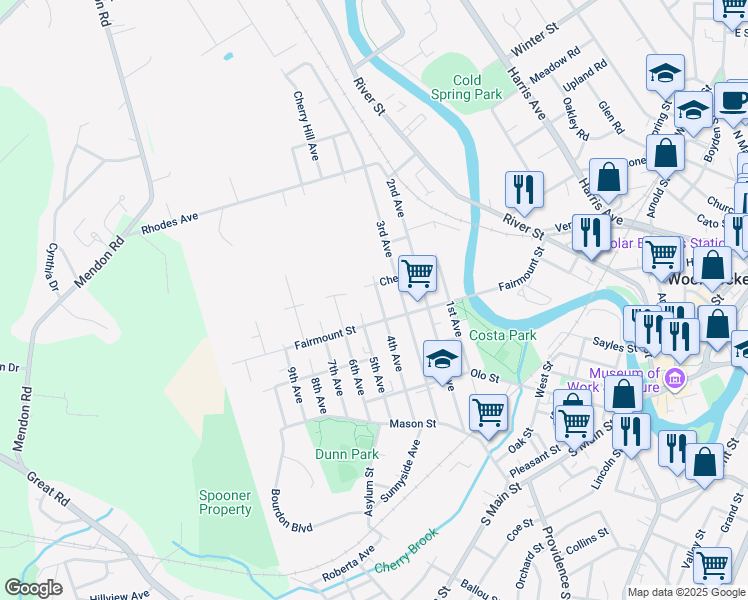 map of restaurants, bars, coffee shops, grocery stores, and more near 242 4th Avenue in Woonsocket