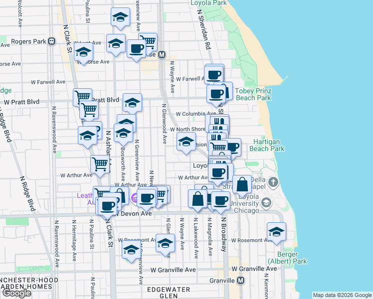 map of restaurants, bars, coffee shops, grocery stores, and more near 1320 West Loyola Avenue in Chicago