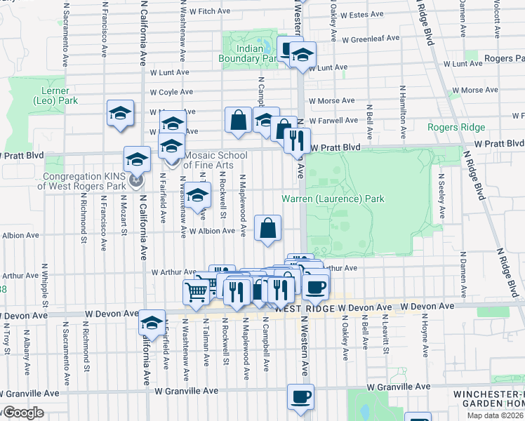 map of restaurants, bars, coffee shops, grocery stores, and more near 6604 North Campbell Avenue in Chicago
