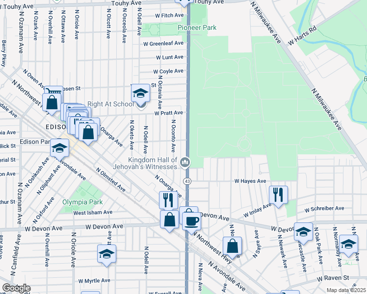 map of restaurants, bars, coffee shops, grocery stores, and more near 6620 North Harlem Avenue in Chicago