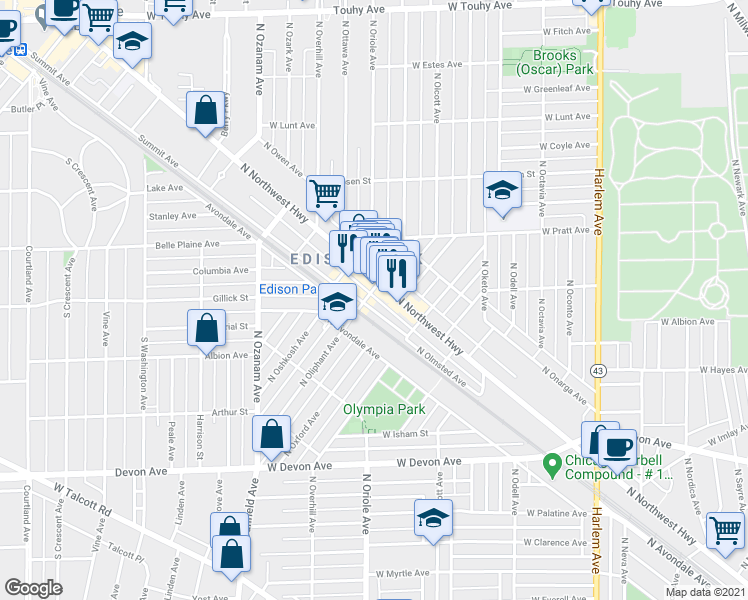 map of restaurants, bars, coffee shops, grocery stores, and more near 6669 North Olmsted Avenue in Chicago