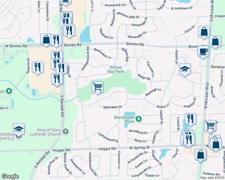map of restaurants, bars, coffee shops, grocery stores, and more near 1101 Spinnaker Street in Elgin