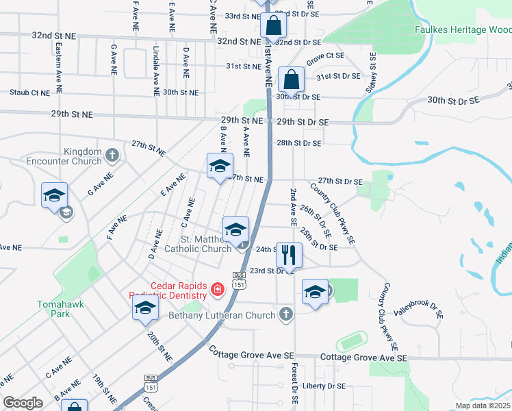 map of restaurants, bars, coffee shops, grocery stores, and more near 2511 1st Avenue Southeast in Cedar Rapids