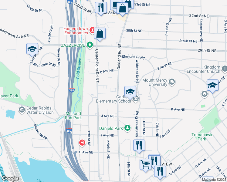 map of restaurants, bars, coffee shops, grocery stores, and more near 1215 Oakland Road Northeast in Cedar Rapids