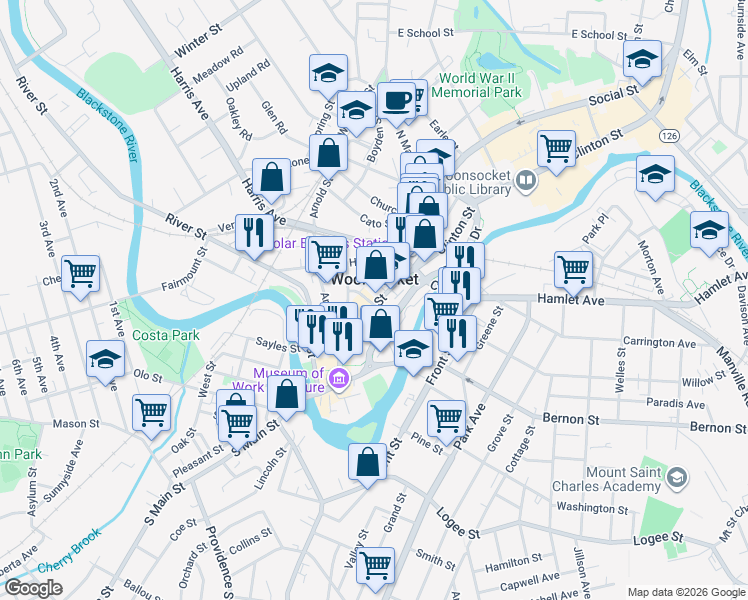 map of restaurants, bars, coffee shops, grocery stores, and more near 70 Main Street in Woonsocket
