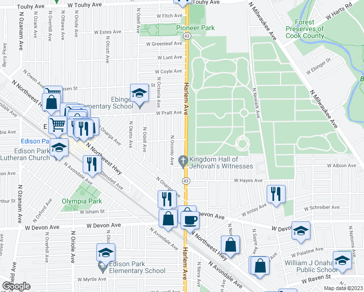map of restaurants, bars, coffee shops, grocery stores, and more near 6620 North Harlem Avenue in Chicago