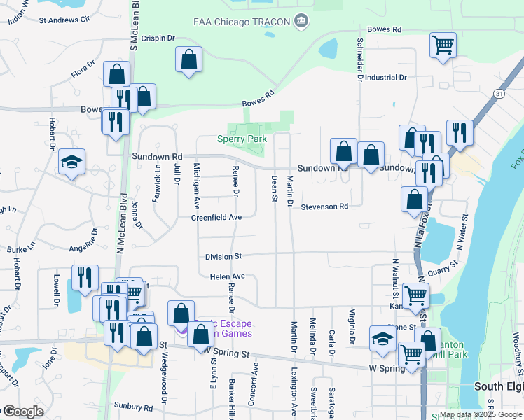 map of restaurants, bars, coffee shops, grocery stores, and more near 582 Dean Street in South Elgin