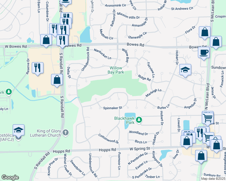 map of restaurants, bars, coffee shops, grocery stores, and more near 1101 Spinnaker Street in Elgin