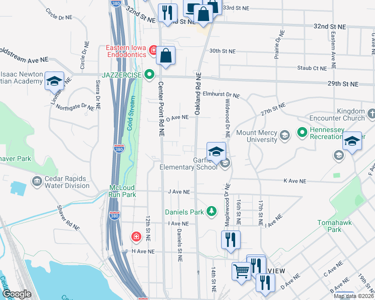 map of restaurants, bars, coffee shops, grocery stores, and more near 1215 Oakland Road Northeast in Cedar Rapids