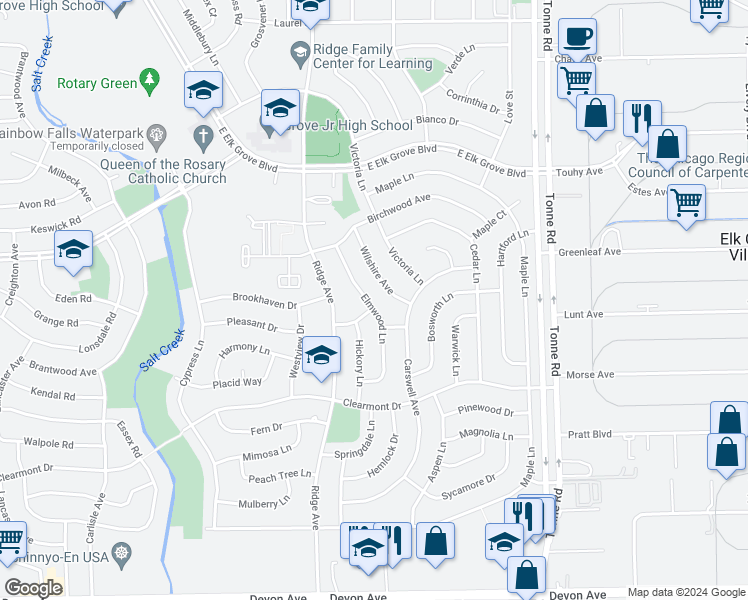 map of restaurants, bars, coffee shops, grocery stores, and more near 1017 Elmwood Lane in Elk Grove Village