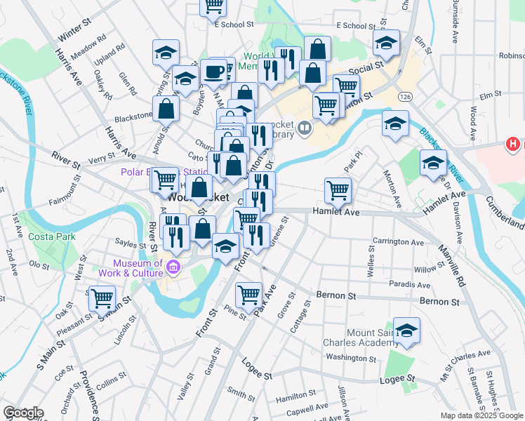map of restaurants, bars, coffee shops, grocery stores, and more near 24 Front Street in Woonsocket