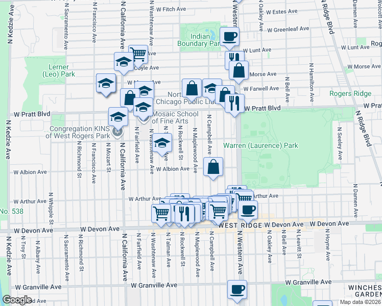 map of restaurants, bars, coffee shops, grocery stores, and more near 2553 West North Shore Avenue in Chicago
