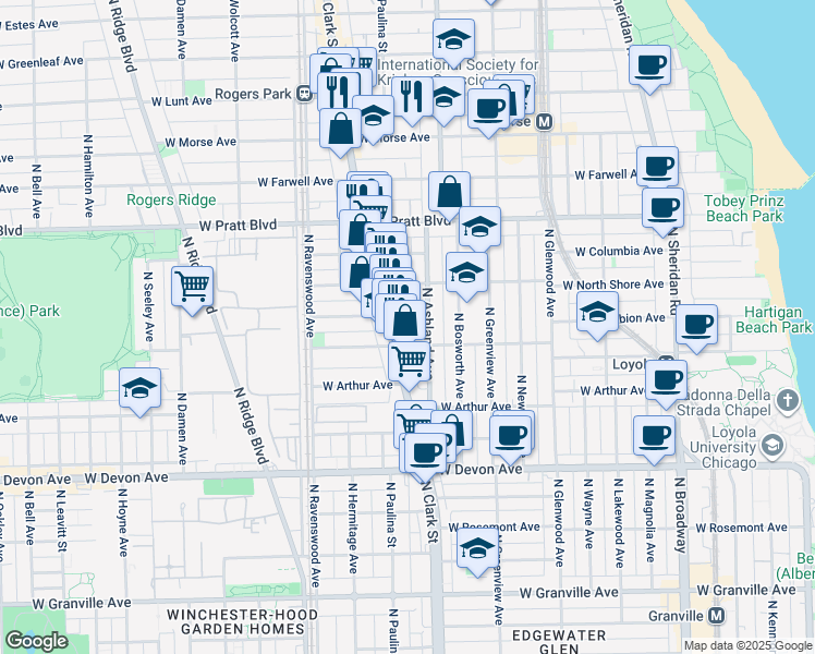 map of restaurants, bars, coffee shops, grocery stores, and more near 6647 North Clark Street in Chicago